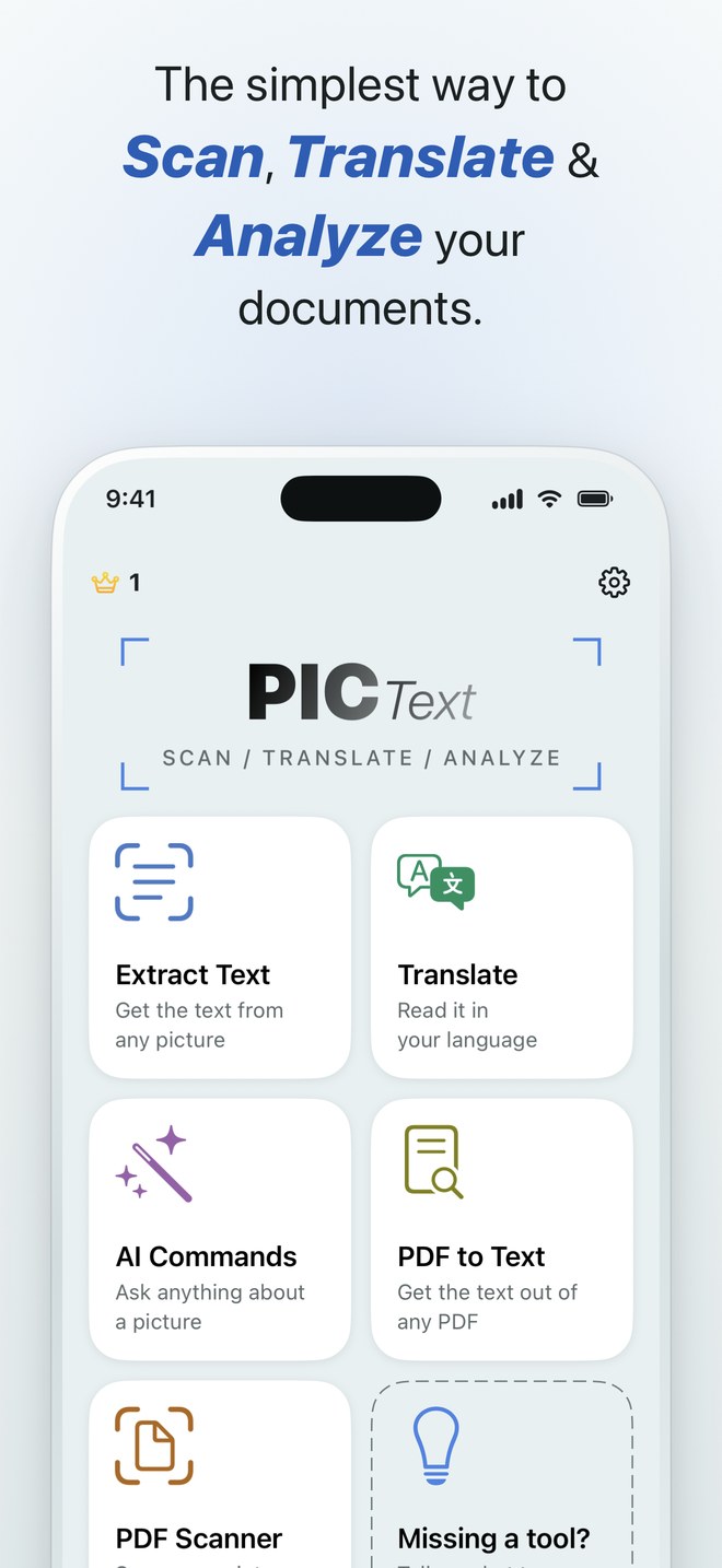 The PicText home screen with its five tools.