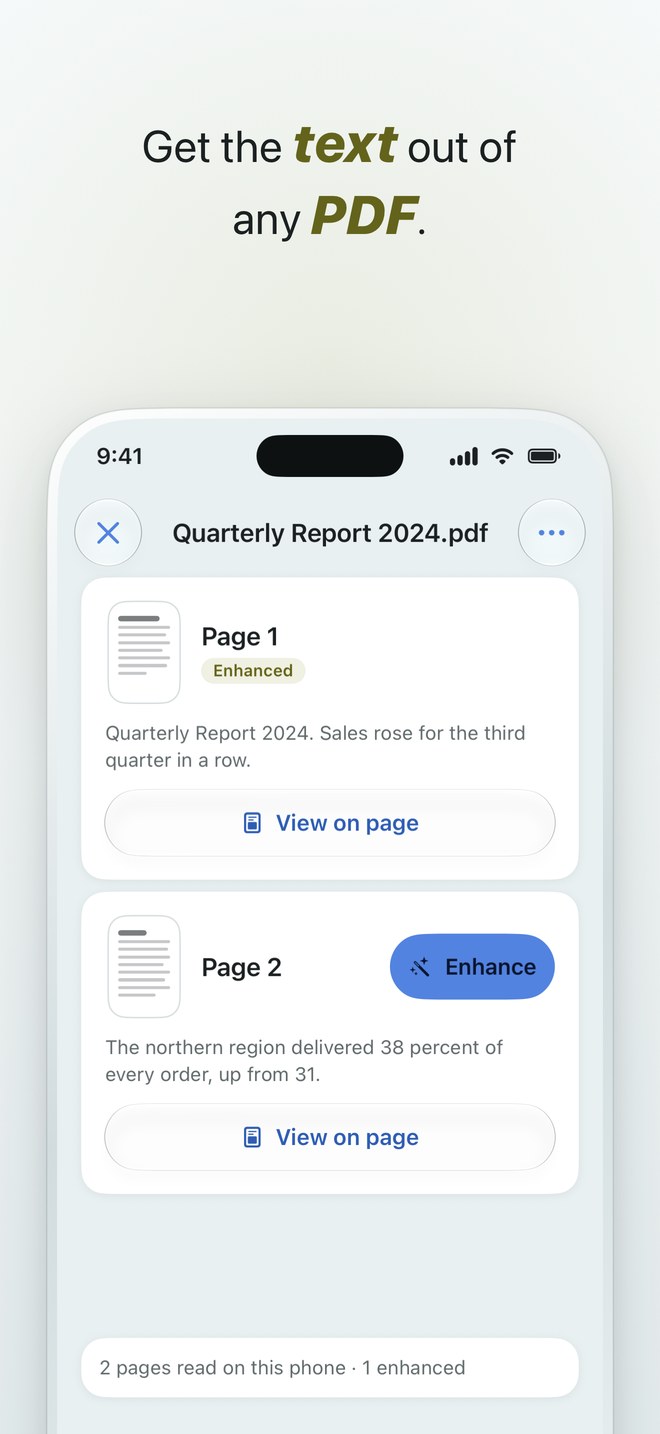 The words of a PDF, page by page.