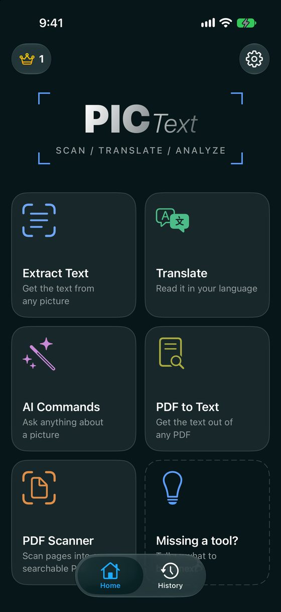 The PicText home screen with its five tools.
